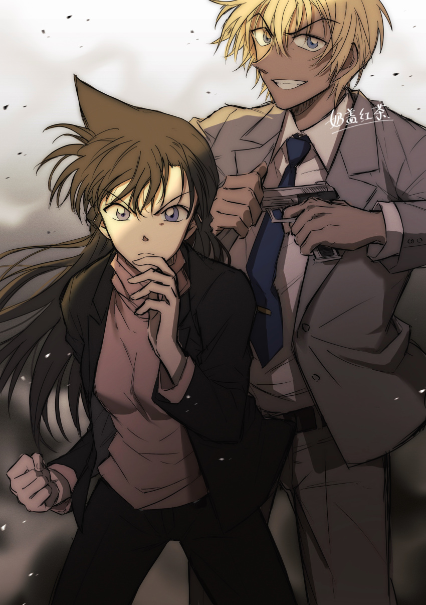 1boy 1girl absurdres amuro_tooru belt belt_buckle black_belt black_hair black_jacket black_pants blonde_hair blue_eyes blue_necktie buckle clenched_hand collared_shirt floating_hair grey_jacket grey_pants grin gun handgun highres holding holding_gun holding_weapon jacket long_hair long_sleeves looking_at_viewer meitantei_conan mouri_ran nai_gai_hongcha necktie open_clothes open_jacket pants pink_shirt pointy_nose shirt short_hair smile stance v-shaped_eyebrows very_long_hair weapon white_shirt wing_collar