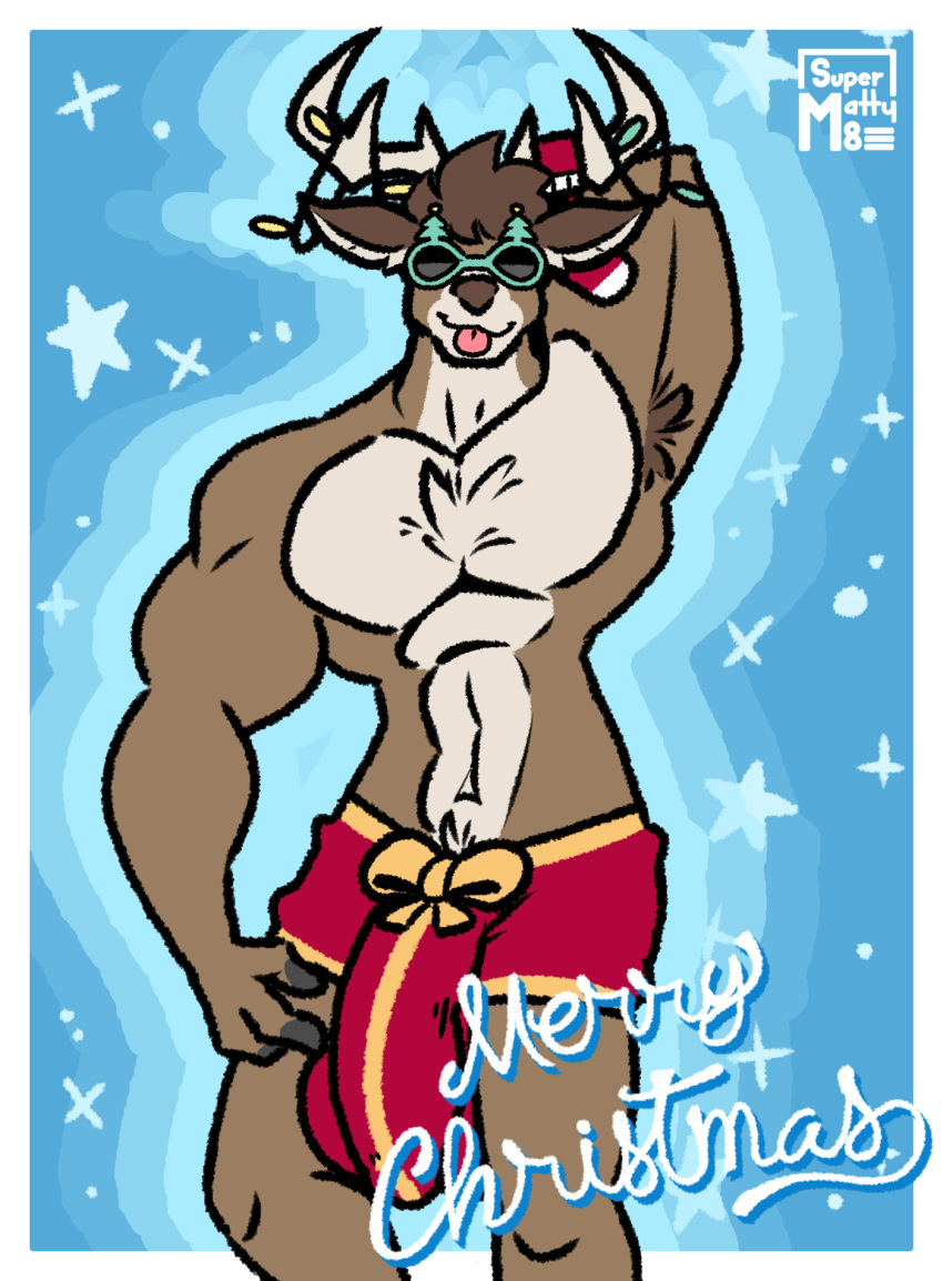 anthro armpit_hair balls big_balls big_penis body_hair capreoline cervid chest_hair christmas dolph_(fortnite) epic_games eyewear fortnite genitals gift hi_res holidays male mammal muscular muscular_anthro muscular_male penis reindeer solo sunglasses supermattym8 tongue tongue_out video_games wrapped_up