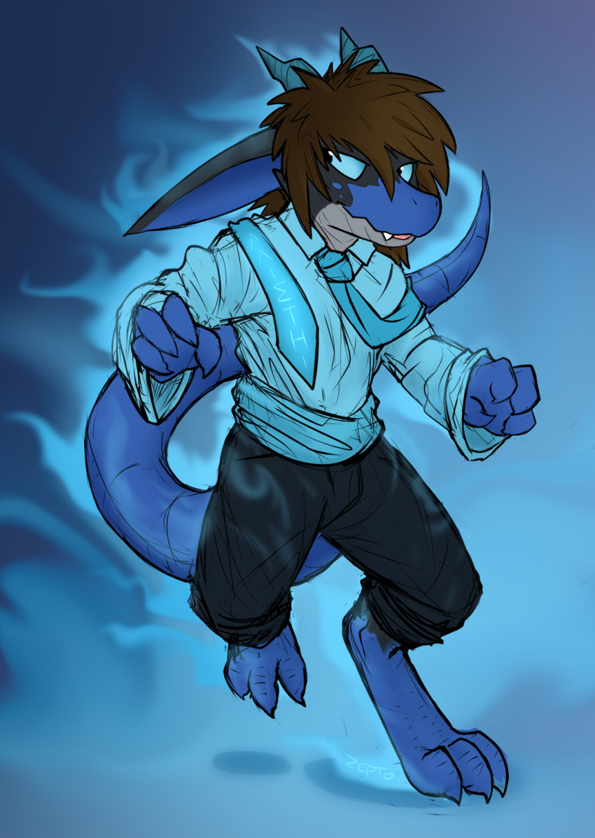 2021 after_transformation anthro blue_sclera brown_hair captainzepto clothed clothing digital_drawing_(artwork) digital_media_(artwork) hair hi_res horn kobold long_ears long_tail magic_user male navarchus_zepto necktie snaggle_tooth solo species_transformation transformation