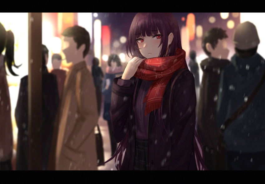 1girl bangs blush city_lights frown girls'_frontline highres long_hair looking_away night purple_hair red_eyes road scarf selcky sky solo standing street wa2000_(girls'_frontline) winter winter_clothes