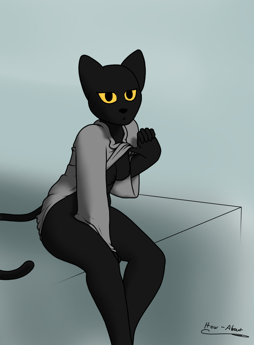 anthro baggy_clothing bare_breasts bare_legs bare_thighs black_body black_fur black_nipples bottomless breasts clothed clothing clothing_lift domestic_cat felid feline felis female flashing fur glare google google_doodle grey_clothing grey_shirt grey_topwear hand_between_legs hi_res how-about leaning leaning_forward looking_at_viewer magic_cat_academy mammal midriff momo_(google) nipples raised_clothing raised_shirt raised_topwear shirt shirt_lift simple_background solo topwear yellow_eyes yellow_sclera