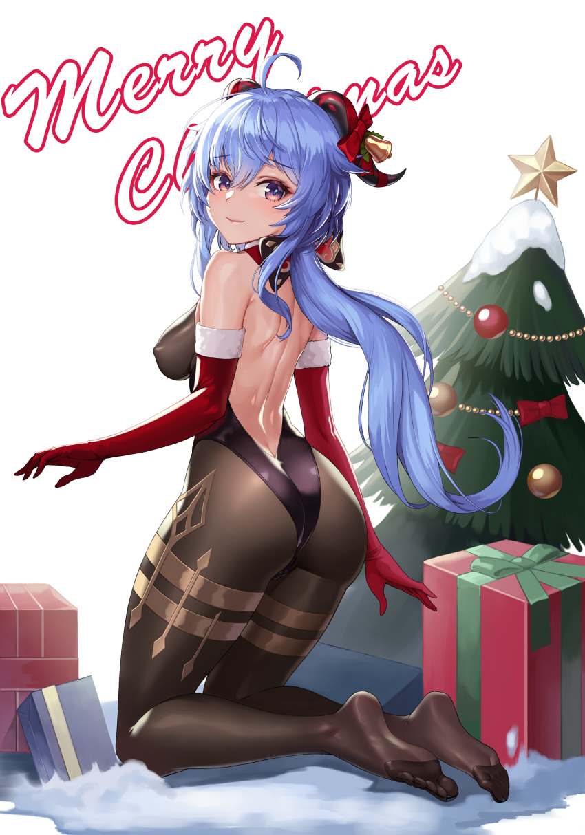 1girl absurdres ahoge ass back backless_outfit bangs bell black_legwear blue_hair blush bodystocking bodysuit bound bow box breasts christmas christmas_ornaments christmas_tree commentary covered_nipples curled_horns elbow_gloves eyebrows_visible_through_hair feet from_behind full_body ganyu_(genshin_impact) genshin_impact gift gift_box gloves gold_trim hair_ornament highres horn_bell horn_bow horn_ornament horns karmiel kneeling leotard long_hair looking_at_viewer looking_back low_ponytail medium_breasts merry_christmas multicolored_eyes no_shoes purple_eyes red_bow red_gloves sidelocks smile soles solo thighlet thighs very_long_hair