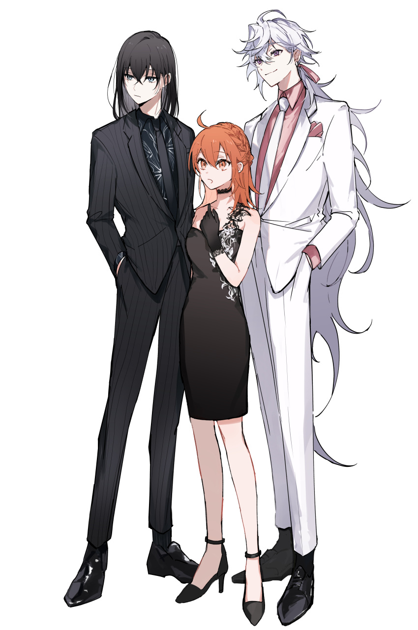 1girl 2boys :o absurdres alternate_costume bangs black_gloves black_hair black_necktie blue_eyes braid choker collarbone collared_shirt crossed_bangs dress earrings empty_eyes expressionless eyebrows_visible_through_hair fate/grand_order fate_(series) formal fujimaru_ritsuka_(female) gloves hair_between_eyes hand_in_pocket hand_on_own_chest high_heels highres jewelry lace lace_choker lace_gloves lace_trim long_hair long_sleeves medium_hair merlin_(fate) multiple_boys necktie oberon_(fate) orange_eyes orange_hair pink_shirt ponytail purple_eyes shirt simple_background single_strap sleeveless smile standing striped_suit suit very_long_hair white_background white_hair white_necktie yui_(linaw-key08)