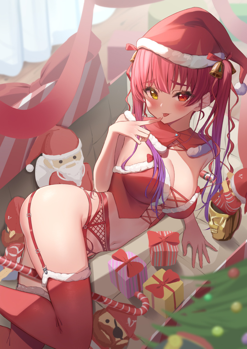 1girl :p arm_support bangs bell blush box bra breasts candy candy_cane christmas cleavage commentary detached_collar english_commentary eyebrows_visible_through_hair feet_out_of_frame finger_to_mouth food fur-trimmed_legwear fur_trim garter_belt gift gift_box gradient_hair hair_bell hair_ornament hat heterochromia highres hololive houshou_marine large_breasts lingerie long_hair looking_at_viewer lying multicolored_hair navel nyaa28 on_side panties purple_hair red_bra red_eyes red_legwear red_panties red_ribbon ribbon santa_costume santa_hat skull_cup solo stomach thighhighs tongue tongue_out twintails underwear virtual_youtuber yellow_eyes