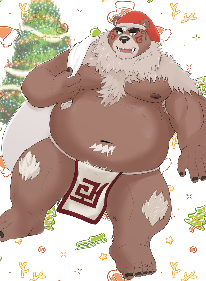 2021 absurd_res anthro asian_clothing belly brown_body christmas christmas_clothing christmas_headwear christmas_tree clothing east_asian_clothing fundoshi hat headgear headwear hi_res holidays humanoid_hands japanese_clothing kemono kimun_kamui_(tas) kisaragi_syoo male mammal moobs navel nipples overweight overweight_male plant santa_hat solo tree underwear ursid