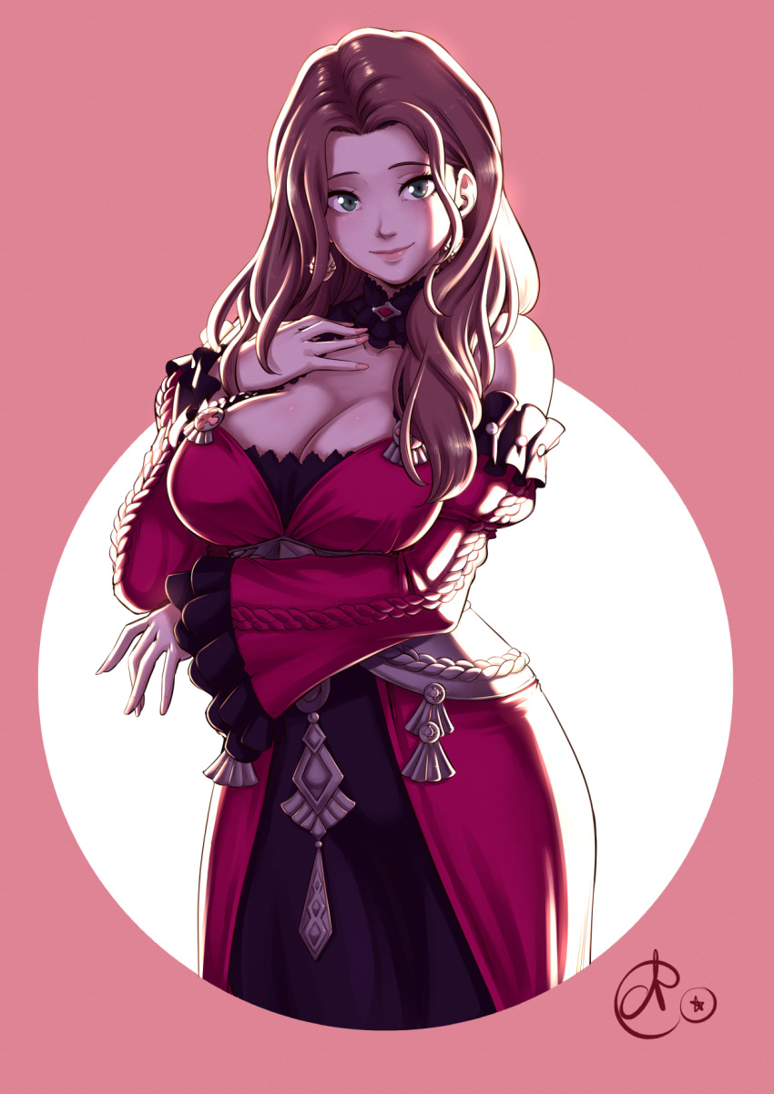 1girl arm_under_breasts benoit_picard breasts brown_hair cleavage collarbone cowboy_shot dorothea_arnault dress earrings fire_emblem fire_emblem:_three_houses green_eyes highres jewelry large_breasts long_hair looking_at_viewer red_dress smile solo