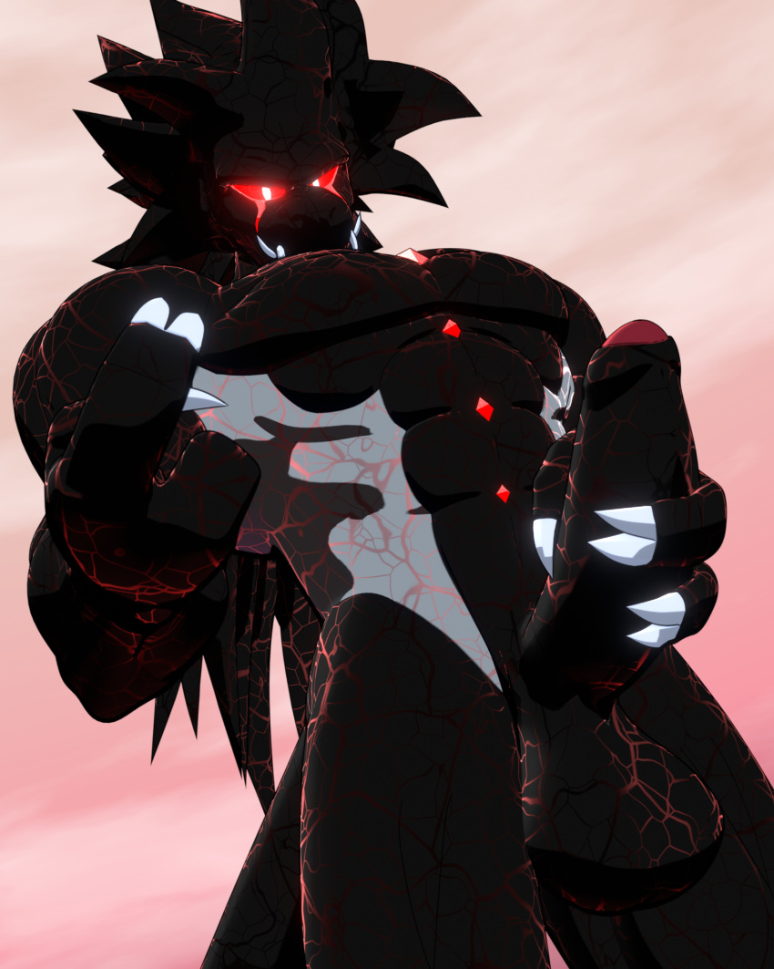 3d_(artwork) abstract_background arctiwolf balls big_muscles bioluminescence black_body black_skin bone claws cloudscape demon digital_media_(artwork) genitals glowing glowing_eyes glowing_vein hair hi_res humanoid_genitalia humanoid_penis jewelry larger_male long_hair looking_at_viewer male malice_(arctiwolf) masturbation monster mouthless muscular offering_to_viewer penis penis_grab size_difference sky solo tall_image tusks vein