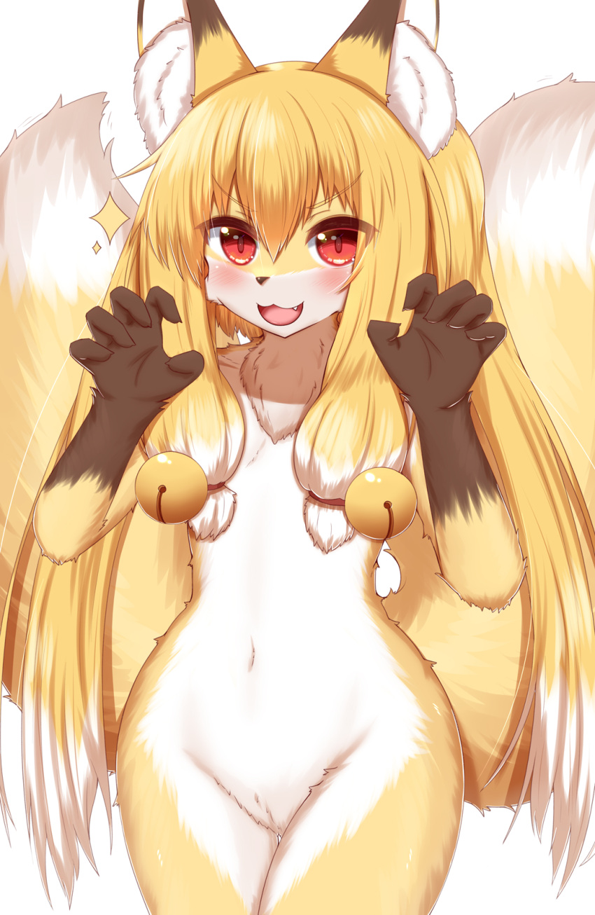 2021 2_tails 5_fingers accessory anthro bell blonde_hair blush brown_body brown_fur canid canine chest_tuft claws convenient_censorship cute_fangs dipstick_ears dipstick_tail featureless_crotch female finger_claws fingers flat_chested fluffy fox fur gloves_(marking) hair hair_accessory hair_covering_breasts happy hi_res horokusa0519 inner_ear_fluff jingle_bell kemono long_hair looking_at_viewer mammal markings multi_tail multicolored_body multicolored_ears multicolored_fur multicolored_hair navel open_mouth open_smile portrait red_eyes smile smiling_at_viewer solo tail_markings three-quarter_portrait tongue tuft twintails_(hairstyle) white_body white_fur white_hair yellow_body yellow_fur