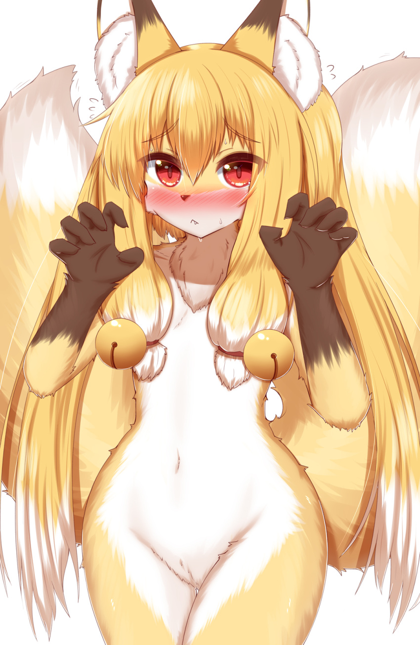 2021 2_tails 5_fingers accessory anthro bell blonde_hair blush bodily_fluids brown_body brown_fur canid canine chest_tuft claws convenient_censorship cute_fangs dipstick_ears dipstick_tail embarrassed featureless_crotch female finger_claws fingers flat_chested fluffy fox fur gloves_(marking) hair hair_accessory hair_covering_breasts hi_res horokusa0519 inner_ear_fluff jingle_bell kemono long_hair looking_at_viewer mammal markings multi_tail multicolored_body multicolored_ears multicolored_fur multicolored_hair navel portrait red_eyes solo sweat sweatdrop tail_markings three-quarter_portrait tongue tuft twintails_(hairstyle) white_body white_fur white_hair yellow_body yellow_fur