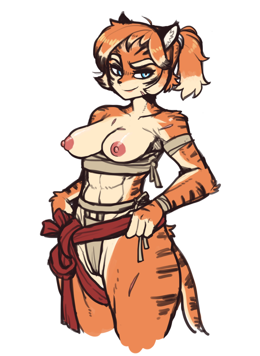 2021 absurd_res anthro areola bandage biped breasts butt clothed clothing eyebrows eyelashes felid female fur grin hair hi_res looking_at_viewer mammal mostly_nude nipples orange_body orange_fur pantherine ponytail reccand simple_background smile solo standing striped_body stripes thick_thighs tiger wide_hips