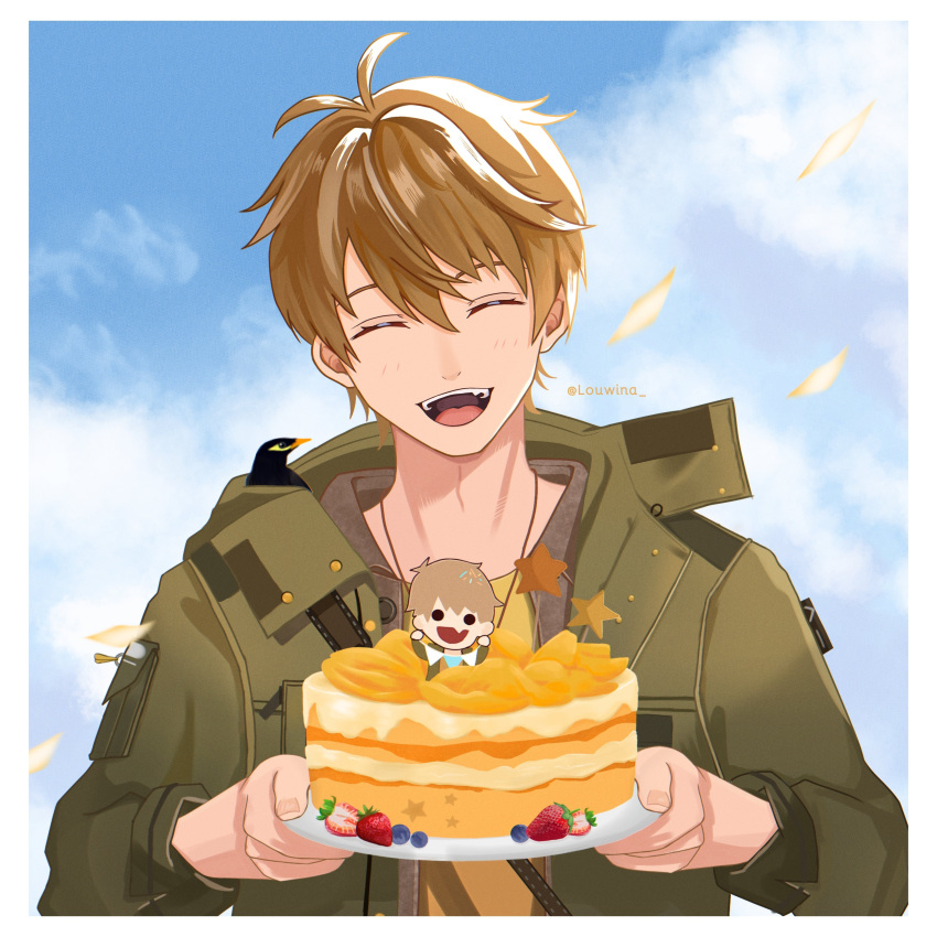 1boy :d absurdres bangs blue_sky brown_hair cake closed_eyes cloud cloudy_sky food fruit green_jacket highres holding holding_plate jacket jewelry louwina luke_pearce_(tears_of_themis) necklace open_clothes open_jacket open_mouth plate shirt short_hair sky smile solo strawberry tears_of_themis teeth yellow_shirt