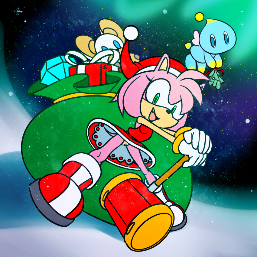 absurd_res amy_rose anthro bag boots chao_(sonic) christmas christmas_clothing christmas_headwear clothed clothing dress eulipotyphlan female footwear genitals gift gloves hammer handwear hat headgear headwear hedgehog hi_res holidays mammal mistletoe no_underwear plant pussy rasenxoru santa_hat sega smile snow solo sonic_the_hedgehog_(series) tools upskirt