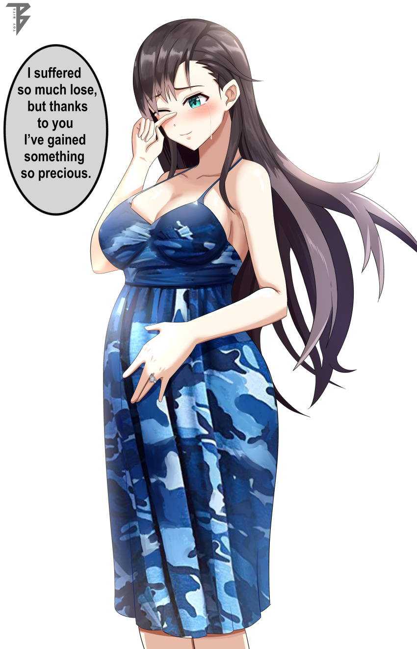 1girl absurdres alternate_costume arizona_(azur_lane) azur_lane blue_dress blush breasts brown_hair closed_mouth commander_cool commission crying dress english_text eyebrows_visible_through_hair green_eyes hair_between_eyes hand_on_own_face hand_on_own_stomach highres jewelry large_breasts long_hair multicolored_clothes multicolored_dress one_eye_closed pregnant ring solo speech_bubble teardrop tears typo wedding_ring white_background
