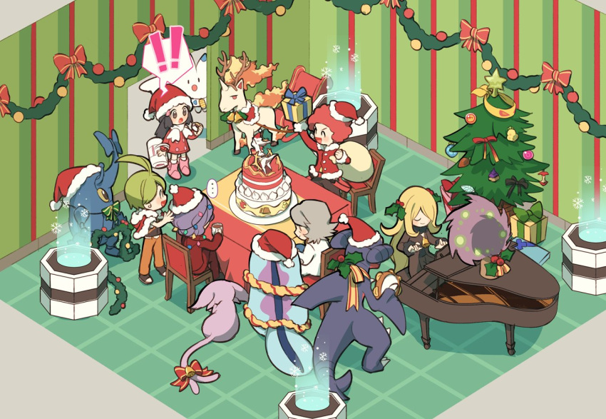 ! !! 3boys 3girls aaron_(pokemon) ahoge arceus bertha_(pokemon) boots bow box cake chair christmas christmas_tree coat commentary cynthia_(pokemon) dawn_(pokemon) espeon flint_(pokemon) food garchomp gift gift_box green_hair hand_up hat heracross holding holding_poke_ball huan_li instrument long_sleeves lucian_(pokemon) multiple_boys multiple_girls music piano pink_footwear playing_instrument poke_ball pokemon pokemon_(creature) pokemon_(game) pokemon_dppt quagsire rapidash red_headwear santa_hat scarf sitting spiritomb stool table tambourine tile_floor tiles togekiss white_scarf