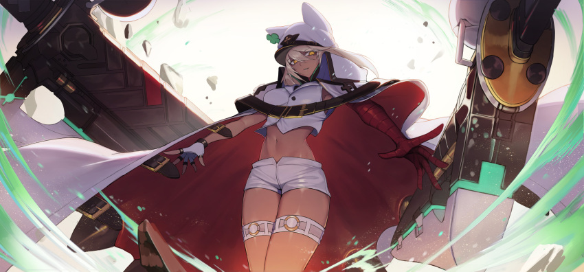 1girl absurdres bandages bangs belt blonde_hair breasts cloak dark-skinned_female dark_skin eyebrows_behind_hair eyebrows_visible_through_hair fingerless_gloves garmagi115 gloves guilty_gear hair_between_eyes hat highres leg_belt looking_at_viewer looking_down ramlethal_valentine shorts simple_background solo white_background white_gloves yellow_eyes