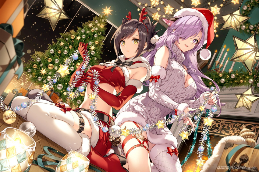 2girls animal_ears antlers aran_sweater astral_angels bare_shoulders belt black_hair boots breasts capelet christmas christmas_lights christmas_tree cleavage cleavage_cutout clothing_cutout crop_top detached_sleeves dress dutch_angle elbow_gloves extra_ears fake_antlers folded_ponytail fox_ears fur_trim gloves hair_over_one_eye hairband hat high_collar highres large_breasts long_hair long_sleeves looking_at_viewer medium_breasts midriff multiple_girls nardack navel official_art open_mouth purple_eyes purple_hair red_gloves red_headwear red_shirt red_shorts reindeer_antlers revealing_clothes santa_hat shirt short_shorts shorts sitting sleeveless sleeveless_shirt smile stomach sweater sweater_dress thigh_strap thighhighs wariza white_legwear white_sweater yellow_eyes