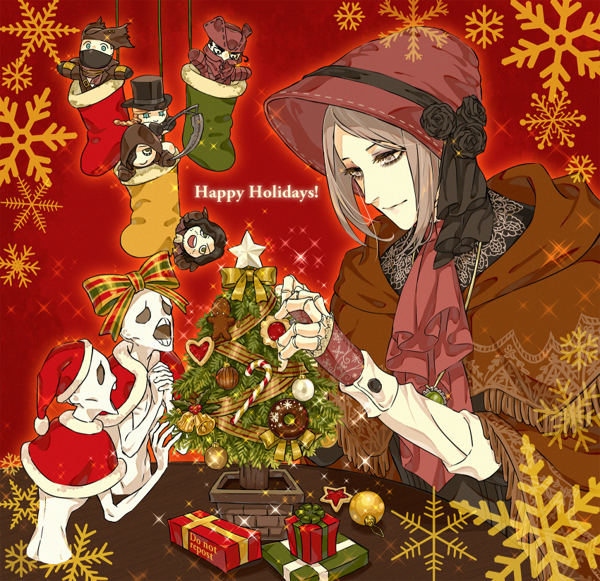 1girl arizuka_(catacombe) bangs black_flower bloodborne bonnet bow character_doll cloak doll_joints flower gift grey_hair hand_up happy_holidays hat hat_flower highres hunter_(bloodborne) joints long_sleeves messengers_(bloodborne) orange_bow plain_doll red_background red_bow red_headwear short_hair smile snowflakes socks striped striped_bow table tree