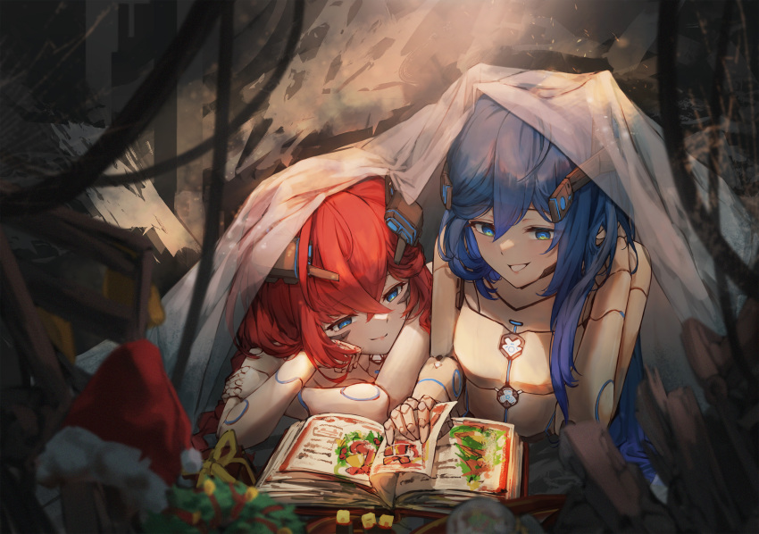 android blue_eyes blue_hair book christmas christmas_wreath half-closed_eyes hat head_rest headgear highres joints long_hair nude open_book original red_hair robot_joints santa_hat siblings sisters smile taiu turning_page under_covers