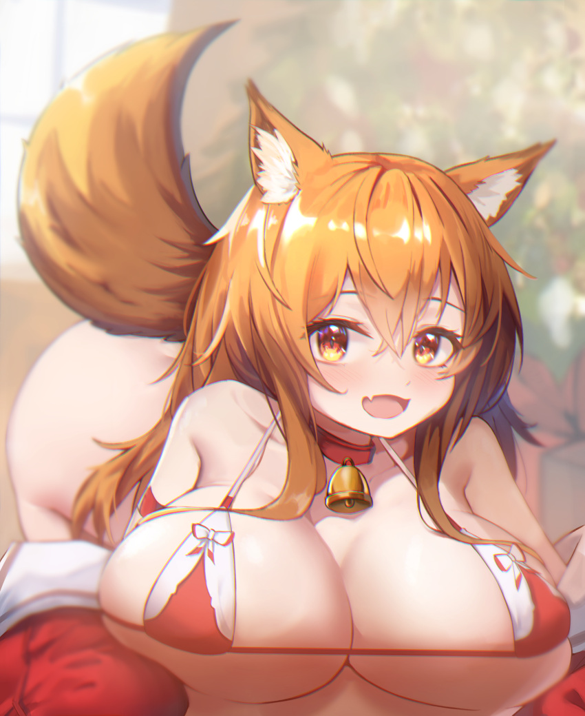 1girl absurdres animal_ears aoinu_(aoinu_99) arknights bangs bell bikini blush breasts brown_eyes brown_hair ceobe_(arknights) christmas collar fang highres huge_breasts looking_at_viewer open_mouth santa_bikini smile solo swimsuit tail