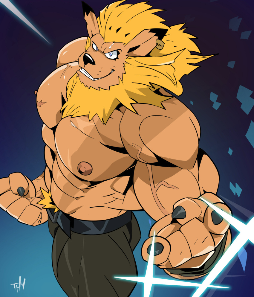 abs anthro bandai_namco biceps bottomwear claws clothing digimon digimon_(species) ear_piercing felid feline hi_res leomon lion looking_at_viewer maine male mammal muscular muscular_anthro muscular_male nipples pantherine pants pecs piercing scar solo teeth thymilph vein