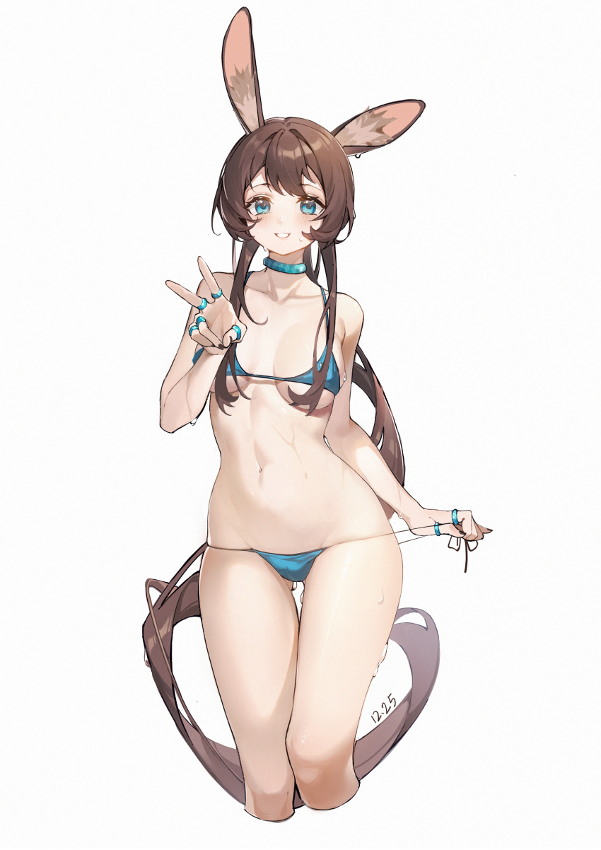 1girl :d absurdres amiya_(arknights) animal_ear_fluff animal_ears arknights ass_visible_through_thighs bangs bare_shoulders bikini black_nails blue_bikini blue_eyes blush breasts collarbone cropped_legs dated grin highres jewelry long_hair looking_at_viewer low_ponytail lowleg lowleg_bikini lushi_jin_up medium_breasts multiple_rings nail_polish navel parted_lips rabbit_ears ring side-tie_bikini sidelocks smile solo standing stomach sweat swimsuit thigh_gap underboob v very_long_hair