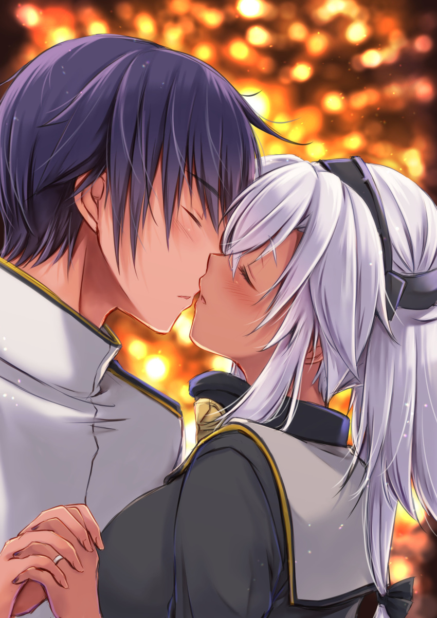 1boy 1girl absurdres admiral_(kancolle) blue_hair blush breasts christmas christmas_lights closed_mouth eyebrows_visible_through_hair hair_between_eyes hetero highres holding_hands jewelry kantai_collection kiss large_breasts long_hair long_sleeves mashiro_yukiya military military_uniform musashi_(kancolle) naval_uniform open_mouth remodel_(kantai_collection) ring short_hair silver_hair uniform upper_body