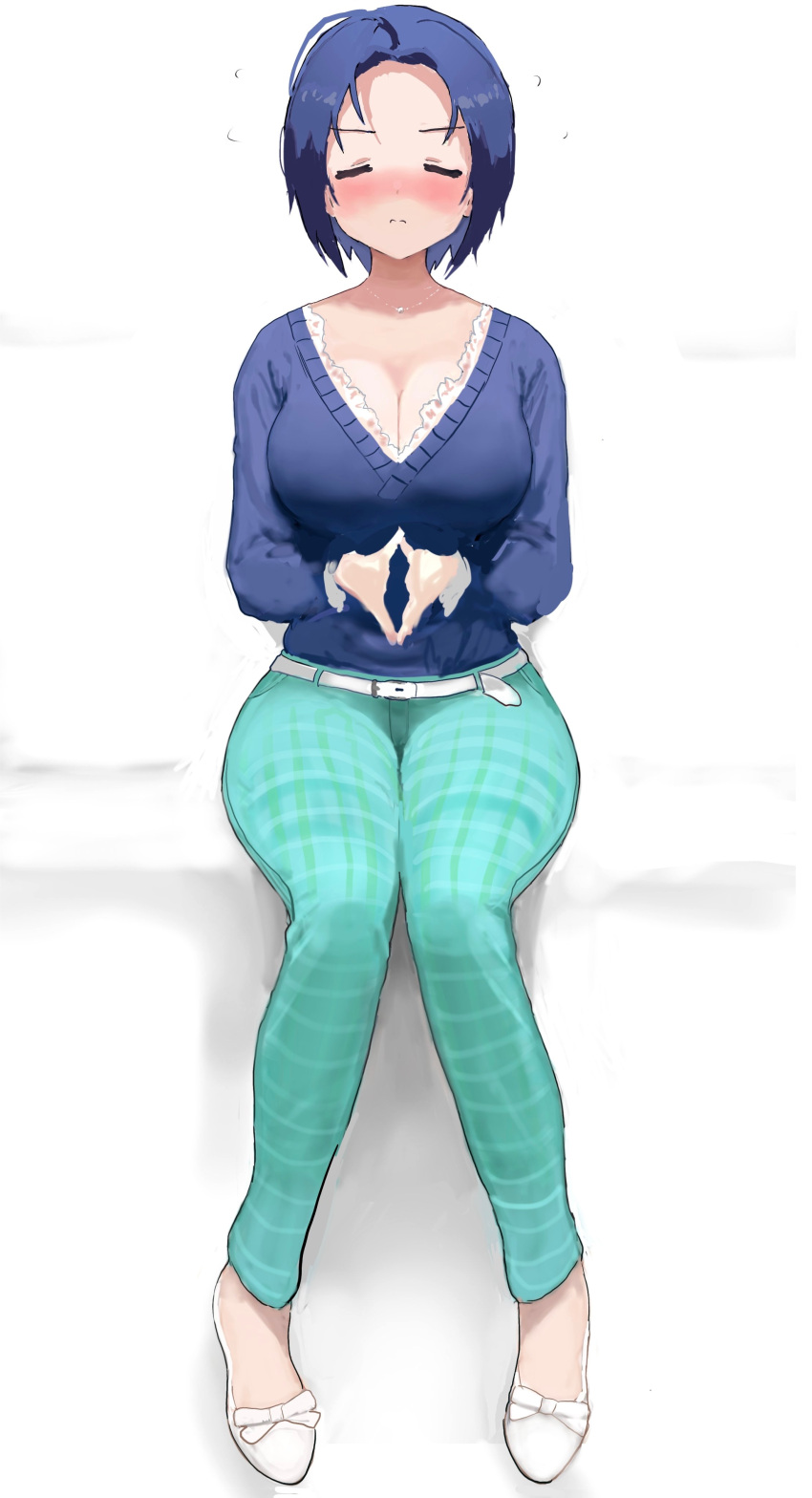 1girl =_= absurdres ahoge bad_hands blue_sweater blush breasts cleavage closed_eyes dark_blue_hair forehead full_body green_pants highres hitodama_(madatohi) idolmaster idolmaster_(classic) idolmaster_million_live! jewelry large_breasts miura_azusa necklace pants plaid plaid_pants pout short_hair simple_background sitting solo sweater v-neck white_background white_footwear