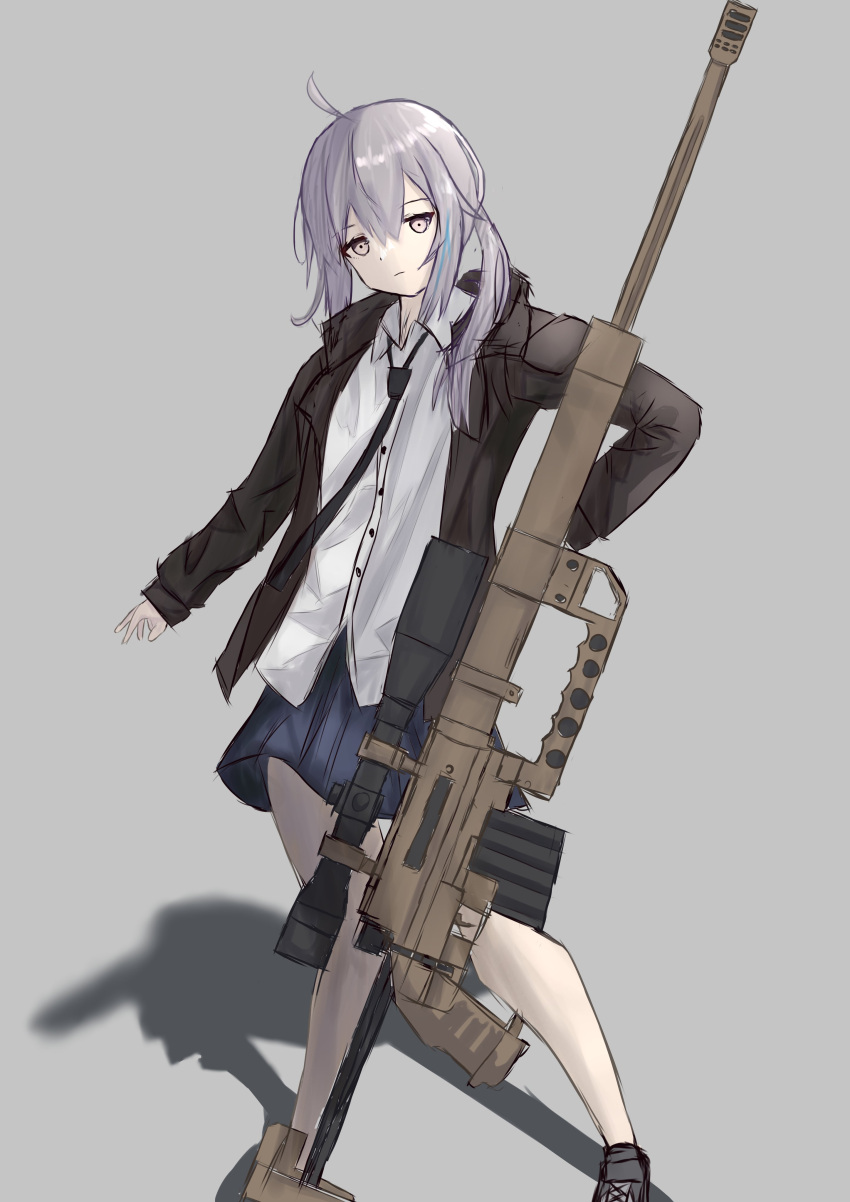 1girl absurdres bangs black_footwear black_jacket black_necktie blue_skirt bolt_action cheytac_m200 closed_mouth expressionless eyebrows_visible_through_hair full_body girls'_frontline grey_background gun hair_ornament hairclip highres holding holding_gun holding_weapon jacket light_purple_eyes light_purple_hair long_hair looking_at_viewer m200_(girls'_frontline) necktie rifle shirt shoes skirt sniper_rifle solo standing weapon wh1te white_shirt