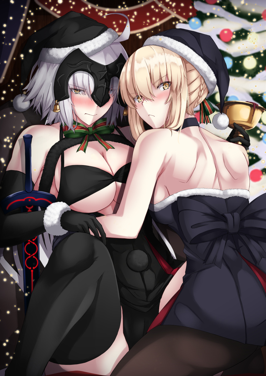 2girls absurdres artoria_pendragon_(fate) bangs blonde_hair blush braid breasts christmas fate/grand_order fate_(series) french_braid hair_bun hair_ribbon headpiece highres isane jeanne_d'arc_(alter)_(fate) jeanne_d'arc_(fate) large_breasts long_hair looking_at_viewer medium_breasts multiple_girls ribbon santa_alter short_hair sidelocks silver_hair yellow_eyes