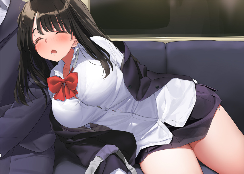 1boy 1girl bangs black_hair black_jacket black_skirt blush bow bowtie breasts closed_eyes collared_shirt commentary_request dress_shirt drooling highres jacket kaisen_chuui large_breasts leaning_to_the_side medium_hair miniskirt open_mouth original panties red_bow red_bowtie school_uniform shirt side-tie_panties skirt sleeping sleeping_on_person solo_focus thighs underwear untucked_shirt white_shirt