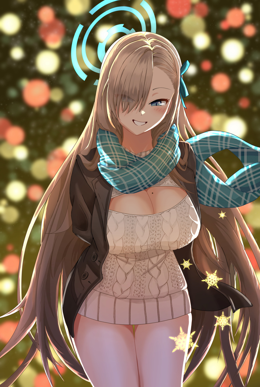 1girl absurdres aran_sweater arms_behind_back asuna_(blue_archive) asymmetrical_bangs bangs black_jacket blue_archive blue_eyes blue_ribbon blush breasts christmas christmas_lights cleavage cleavage_cutout clothing_cutout cowboy_shot dress grin hair_over_one_eye hair_ribbon halo highres jacket large_breasts light_brown_hair long_hair looking_at_viewer meme_attire mole mole_on_breast open-chest_sweater open_clothes open_jacket ribbon smile solo standing sweater sweater_dress tagi_(dltjdgh2010) thigh_gap very_long_hair white_sweater winter
