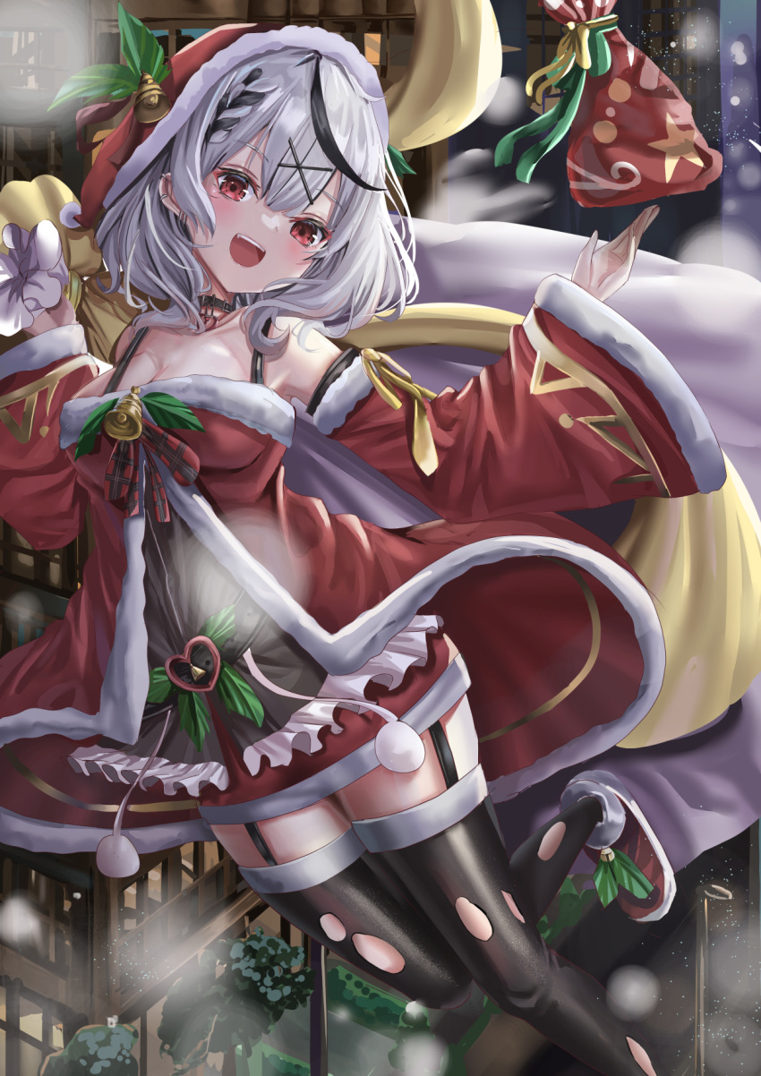 1girl blush breasts cleavage dress hat highres hololive looking_at_viewer medium_breasts medium_hair night night_sky open_mouth red_eyes sakamata_chloe santa_costume santa_hat shigiroid sky smile snow solo thighhighs thighs virtual_youtuber white_hair