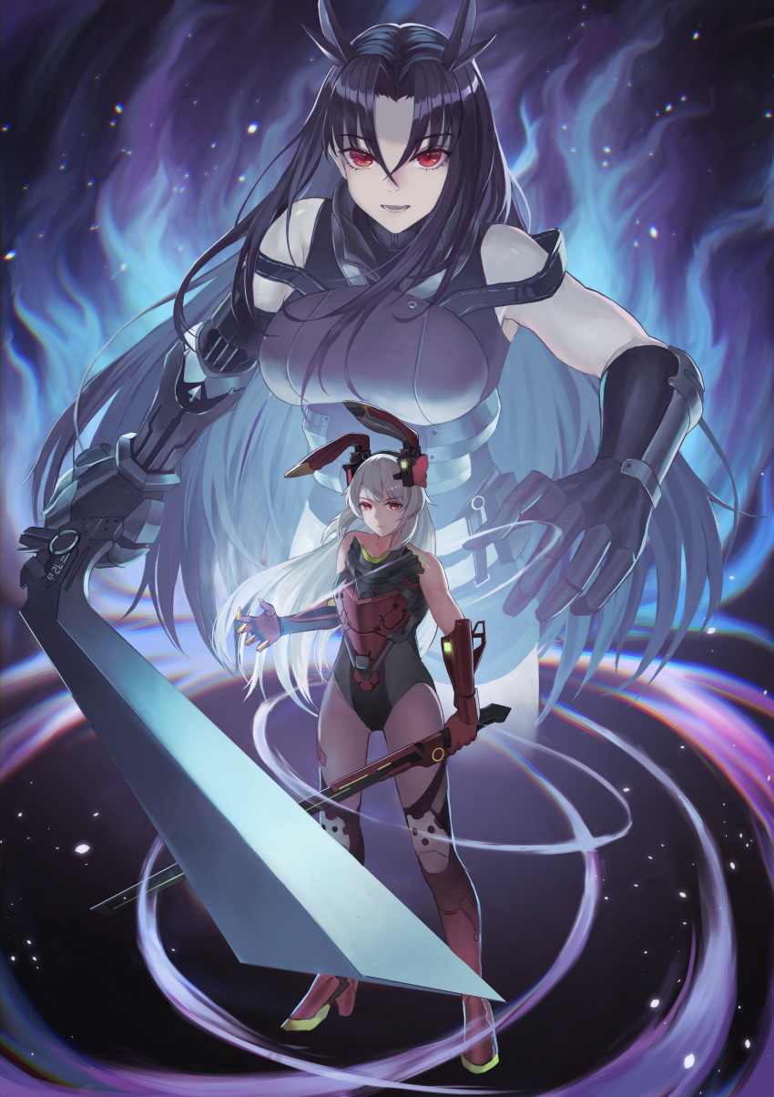 2girls absurdres bangs bare_shoulders black_hair bodysuit boots breasts charolic_(girls'_frontline_2) closed_mouth commission executioner_(girls'_frontline) eyebrows_visible_through_hair gauntlets girls'_frontline girls'_frontline_2:_exilium hair_ornament headset highres holding holding_sword holding_weapon jojo_pose long_hair looking_at_viewer mechanical_arms medium_breasts multiple_girls open_mouth pixiv_request pose red_eyes saba-kann_(kannsaba) serious silver_hair single_mechanical_arm stand_(jojo) standing sword thigh_boots thighhighs thighs weapon