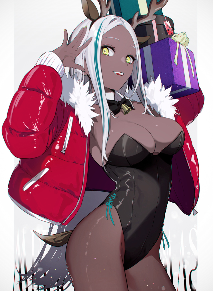 1girl animal_ears antlers bell black_bow black_bowtie black_leotard bow bowtie breasts christmas_present cleavage commentary_request dark-skinned_female dark_skin deer_ears detached_collar fake_animal_ears fake_antlers fur-trimmed_jacket fur_trim gift green_hair highres holding holding_gift jacket leotard long_hair long_sleeves looking_at_viewer medium_breasts multicolored_hair neck_bell open_clothes open_jacket open_mouth original red_jacket reindeer_antlers smile solo strapless strapless_leotard stream tail two-tone_hair unzipped very_long_hair wakahiko white_background white_hair yellow_eyes zipper_pull_tab