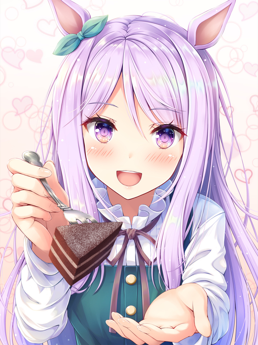 1girl :d akashio_(loli_ace) animal_ears blush brown_ribbon cake commentary_request ear_ribbon eyebrows_visible_through_hair eyes_visible_through_hair feeding food fork heart heart_background highres holding holding_fork horse_ears long_hair long_sleeves mejiro_mcqueen_(umamusume) neck_ribbon purple_eyes purple_hair ribbon smile solo umamusume upper_body