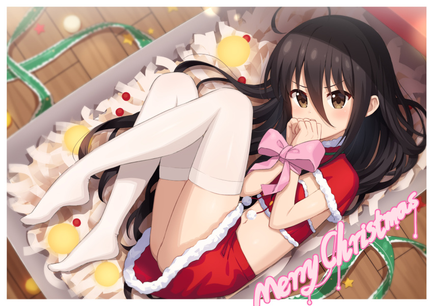 1girl ahoge bangs black_hair blush bound bound_wrists bow box brown_eyes capelet christmas commentary_request covered_mouth crop_top eyebrows_visible_through_hair fur-trimmed_capelet fur-trimmed_skirt fur_trim hair_between_eyes heijialan highres in_box in_container indoors knees_up long_hair looking_at_viewer merry_christmas midriff navel no_shoes pink_bow red_capelet red_skirt shakugan_no_shana shana skirt solo thighhighs v-shaped_eyebrows very_long_hair white_legwear wooden_floor