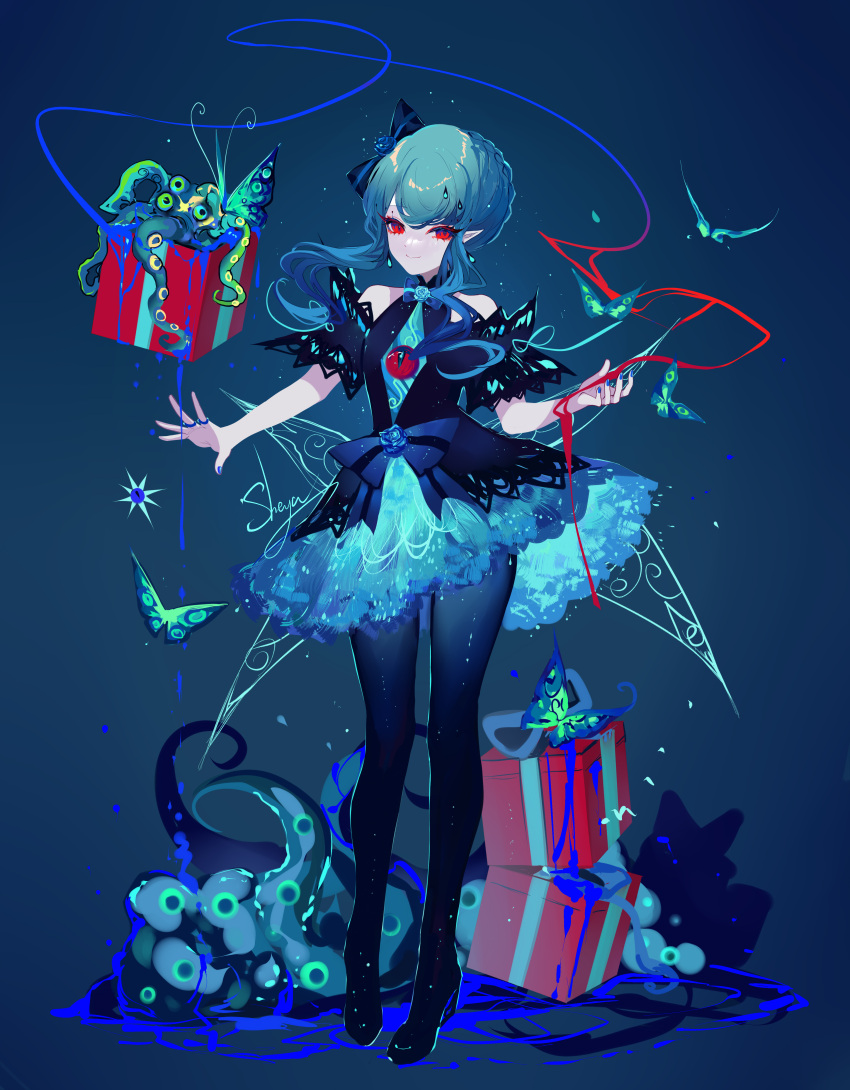 1girl absurdres bangs bare_shoulders black_dress black_legwear blue_background bow box bug butterfly chinese_commentary commentary_request dress full_body gift gift_box green_hair hair_bow highres original pantyhose petticoat red_eyes sheya short_hair_with_long_locks solo standing