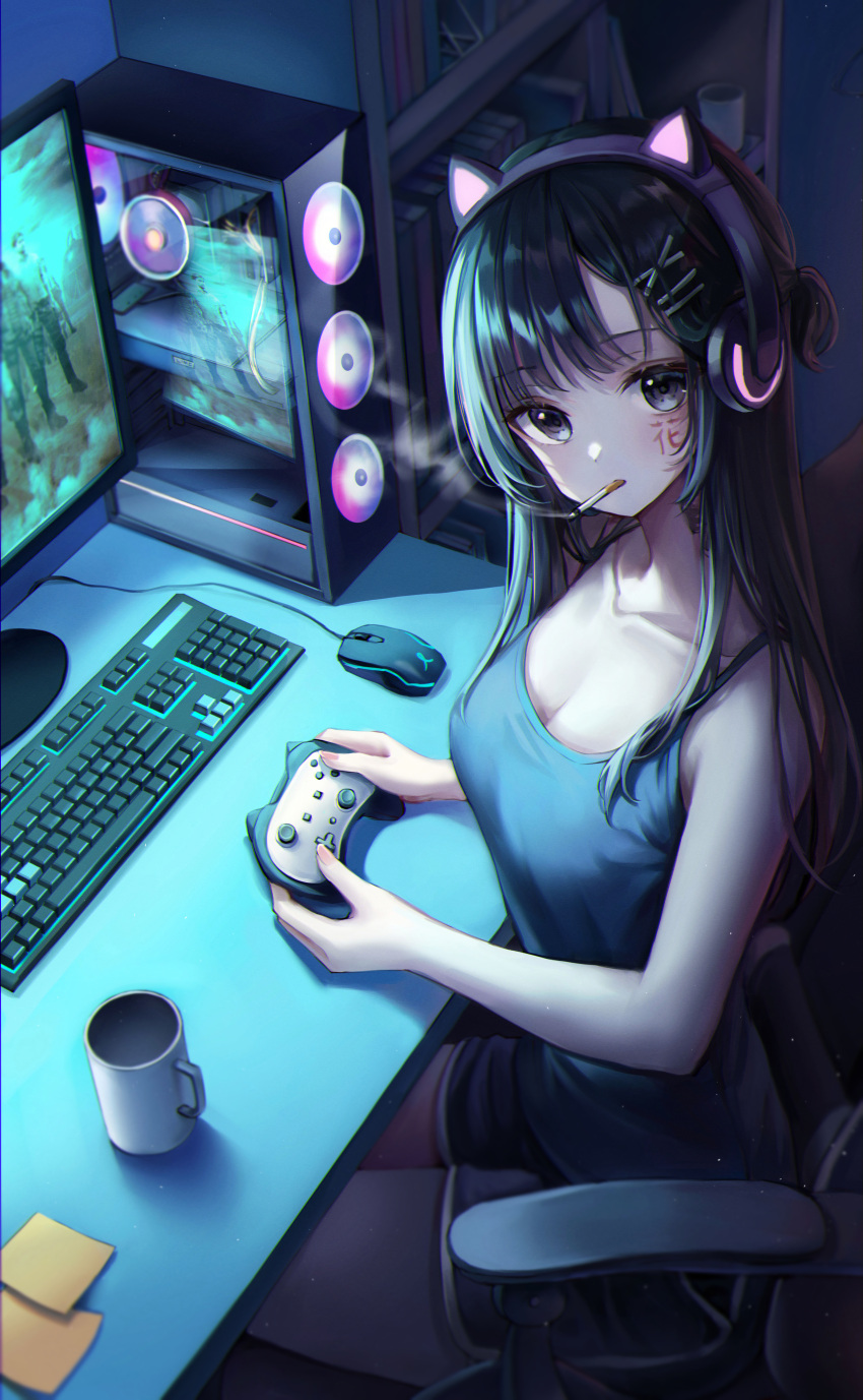 1girl absurdres bangs bare_arms bare_shoulders black_hair blue_shirt breasts cat_ear_headphones chair cigarette cleavage collarbone controller cup eyebrows_visible_through_hair facial_mark from_above hair_ornament hairclip headphones highres in_mouth indoors keyboard_(computer) large_breasts long_hair looking_at_viewer looking_up monitor mouse_(computer) original shirt shorts sitting smoke smoking solo starlime video_game