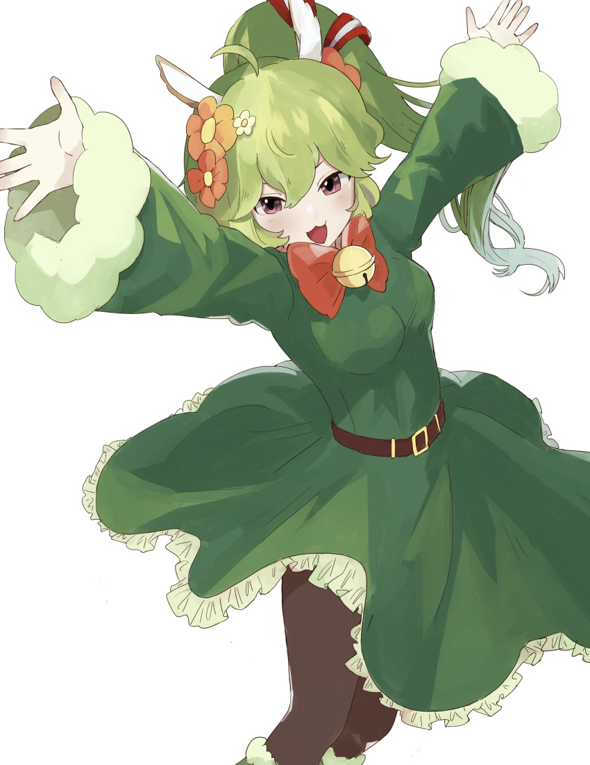 :3 absurdres ahoge alpaca_ears alternate_costume animal_ears bangs bell belt brown_eyes brown_legwear crossed_bangs dress flower green_dress green_hair guardian_tales hair_flower hair_ornament hands_up highres kagikakko_t mayreel_(guardian_tales) open_mouth pantyhose ponytail red_ribbon ribbon smile white_background