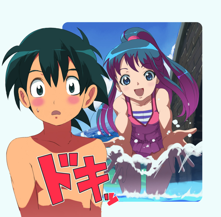 1boy 1girl ash_ketchum black_hair blue_eyes blue_hair dawn_(pokemon) hat long_hair looking_at_viewer makoto_daikichi open_mouth pokemon pokemon_(anime) pokemon_dppt_(anime) ponytail smile swimsuit topless_male water