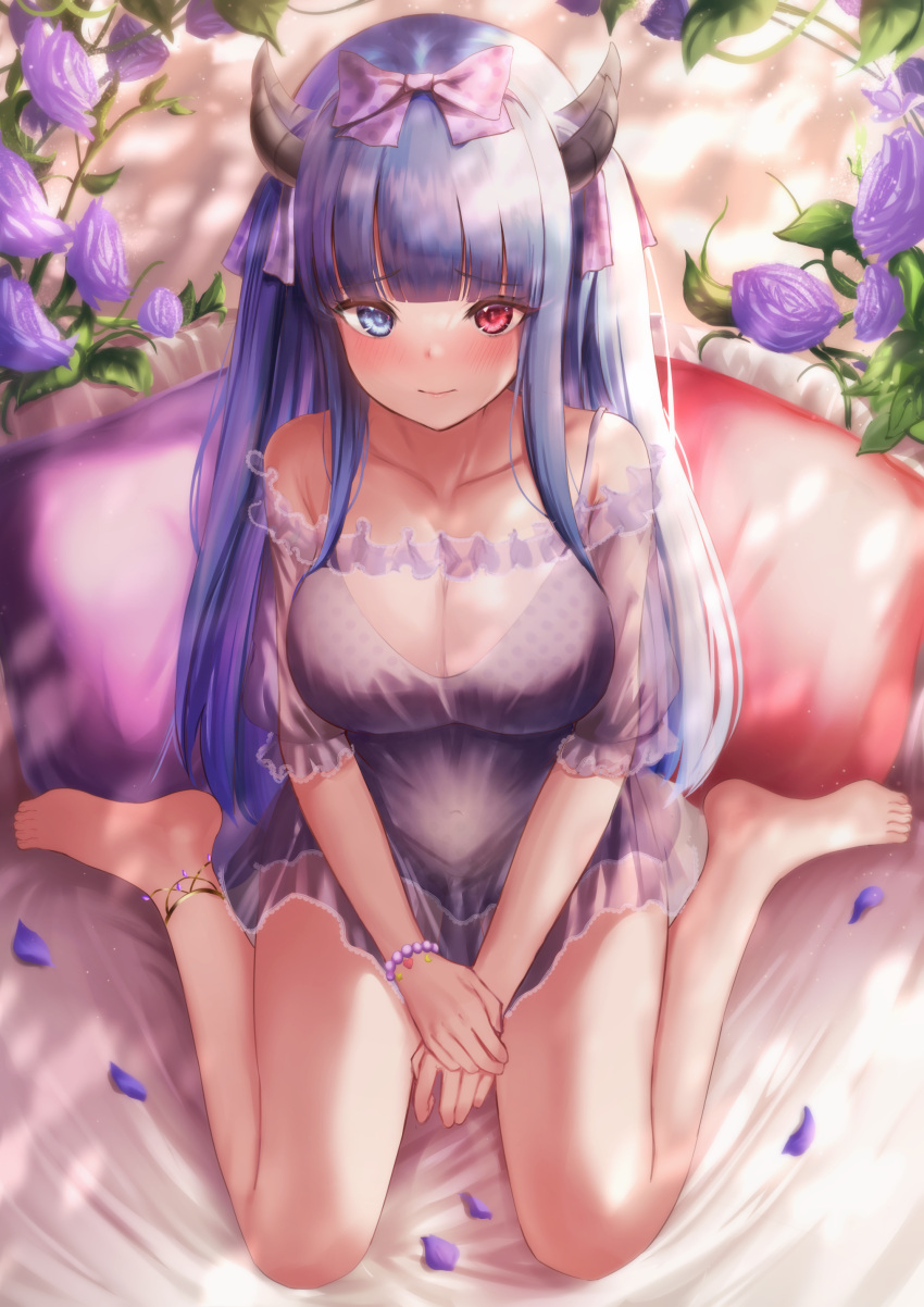 1girl absurdres anklet azur_lane bangs bare_legs bare_shoulders barefoot blue_eyes blue_hair blush bow bracelet breasts cleavage closed_mouth collarbone eyebrows_visible_through_hair flower hair_bow hair_ornament highres horns ibuki_(azur_lane) ibuki_(tranquil_sunya)_(azur_lane) jewelry large_breasts moshi_imo off_shoulder official_alternate_costume own_hands_together petals pink_bow red_eyes sitting solo thighs wariza