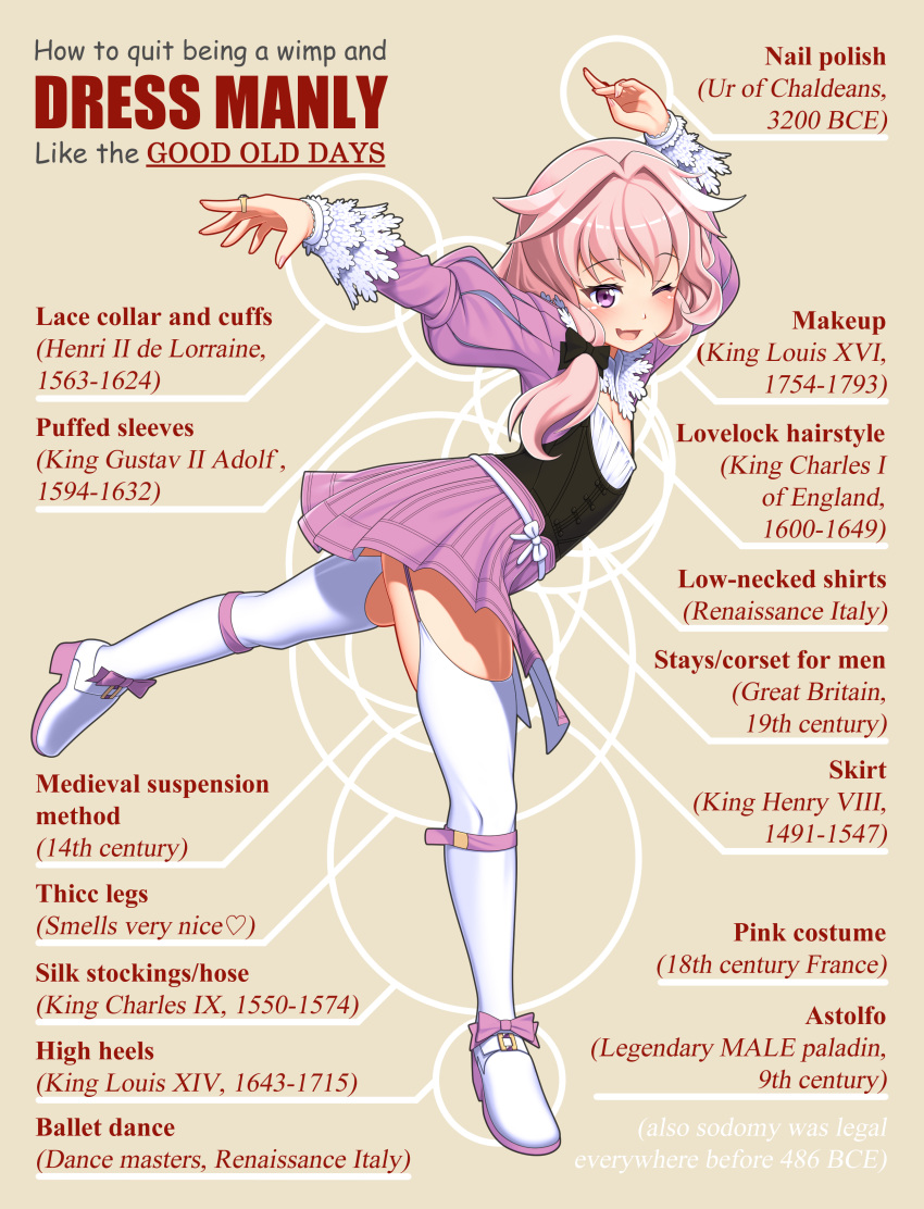 1boy 1girl absurdres arms_up astolfo_(fate) ballet ballet_boots blush bow circle crossdressing english_text eyebrows_visible_through_hair fashion fate_(series) flat_chest footwear_bow footwear_ribbon heart highres history leaning_forward leg_up long_hair long_sleeves looking_away one_eye_closed otoko_no_ko pink_eyes pink_hair pink_skirt pleated_skirt ponytail red_romanov skirt smile thighs white_legwear yellow_background