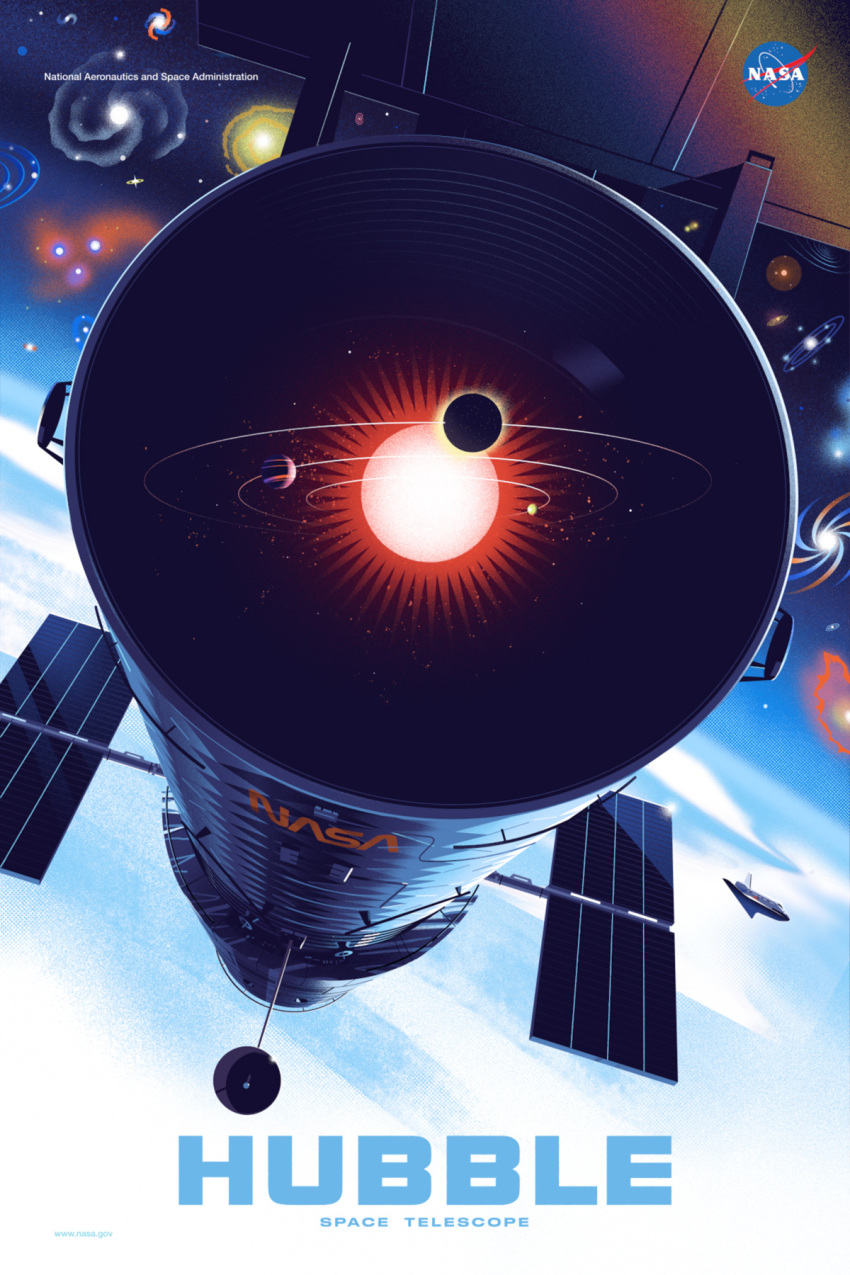 antennae cloud cloudy_sky earth_(planet) galaxy highres hubble_space_telescope mercury_(planet) nasa_logo no_humans orbit planet poster_(medium) real_life satellite sky solar_panel solar_system space space_craft space_shuttle sun telescope title venus_(planet) web_address