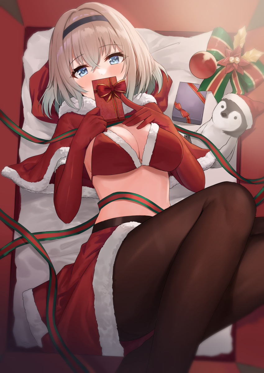 1girl absurdres ayul_(ayulneri_92) bikini blonde_hair blue_eyes box breasts brown_legwear capelet christmas cleavage commentary_request covering_mouth elbow_gloves feet_out_of_frame fur_trim gift gift_box gloves gradient_hair hairband highres holding in_box in_container looking_at_viewer lying medium_breasts miniskirt multicolored_hair on_back original pantyhose red_bikini red_gloves red_skirt ribbon santa_bikini santa_costume short_hair skirt solo stomach string_bikini stuffed_animal stuffed_penguin stuffed_toy swimsuit