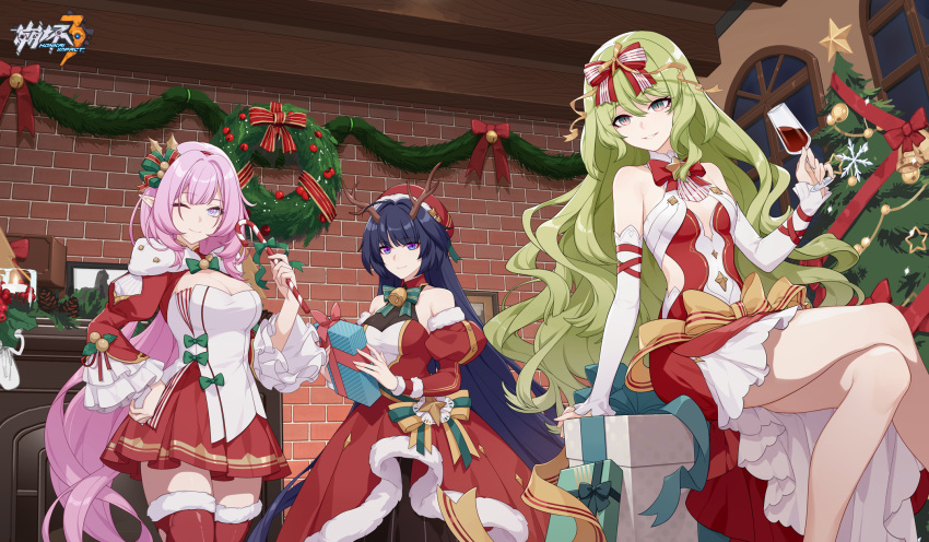 3girls alcohol antlers artist_request bangs bare_shoulders boots bow bowtie breasts candy candy_cane chimney christmas christmas_ornaments christmas_present christmas_tree christmas_wreath cleavage crossed_legs cup detached_sleeves dress drinking_glass elysia_(honkai_impact) fake_horns food gift green_bow green_bowtie green_eyes green_hair hair_between_eyes hair_bow hair_ornament hand_on_hip hat highres holding holding_cup honkai_(series) honkai_impact_3rd horns indoors long_hair long_sleeves mobius_(honkai_impact) multiple_girls official_art one_eye_closed pink_eyes pink_hair pointy_ears purple_eyes purple_hair raiden_mei red_bow red_bowtie red_dress red_footwear santa_costume santa_hat sitting sleeveless thigh_boots thighhighs white_sleeves window wine wine_glass