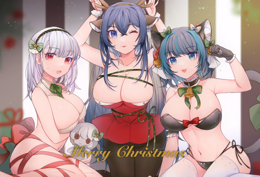 3girls absurdres alternate_costume animal_ears ariko_(aaaaarik) arm_under_breasts azur_lane bell bikini black_bikini black_gloves blue_eyes blue_hair blurry blurry_background bow breasts character_doll cheshire_(azur_lane) detached_collar dido_(azur_lane) dress eyebrows_visible_through_hair fake_animal_ears fake_horns gloves green_bow hair_between_eyes highres horns huge_breasts long_hair medium_hair merry_christmas microdress multicolored_hair multiple_girls neck_bell new_jersey_(azur_lane) one_eye_closed pantyhose paw_pose purple_hair red_bow red_dress red_eyes red_ribbon ribbon side-tie_bikini streaked_hair swimsuit thighhighs two-tone_hair very_long_hair white_hair white_legwear