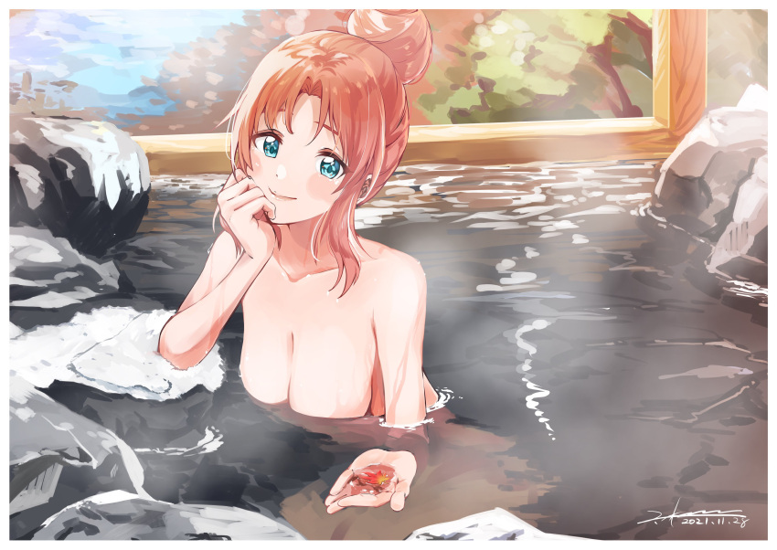 1girl absurdres akane_(getwild23) aqua_eyes autumn autumn_leaves bathhouse breasts brown_hair commentary_request highres large_breasts leaf looking_at_viewer maple_leaf nude onsen original partially_submerged short_hair sidelocks solo steam towel water wet