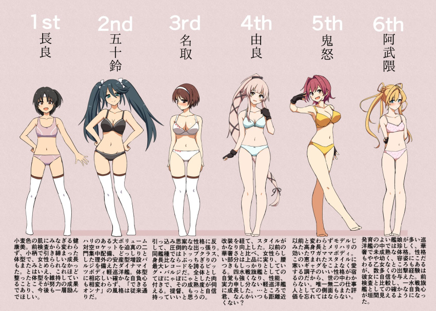 6+girls :d abukuma_(kancolle) aqua_eyes barefoot black_bra black_hair black_panties blonde_hair blue_bra blue_eyes blue_hair blush bra breasts brown_eyes brown_hair cassandra_(seishun_katsu_sando) cleavage clenched_hand collarbone covering_face double_bun embarrassed eyebrows eyebrows_visible_through_hair full_body grey_background grey_eyes hair_flaps hair_intakes hair_over_one_eye hair_ribbon hair_rings hairband hand_on_hip headband highres isuzu_(kancolle) kantai_collection kinu_(kancolle) knees_together_feet_apart large_breasts long_hair looking_at_viewer medium_breasts multicolored_bra multicolored_clothes multiple_girls nagara_(kancolle) natori_(kancolle) navel one_eye_closed open_mouth panties pink_bra pink_hair pink_panties ponytail purple_eyes red_eyes remodel_(kantai_collection) ribbon short_hair short_hair_with_long_locks side_ponytail simple_background small_breasts smile sports_bra standing swimsuit thighhighs translation_request twintails underwear underwear_only very_long_hair white_bra white_hairband white_legwear white_panties yellow_bra yellow_panties yura_(kancolle)