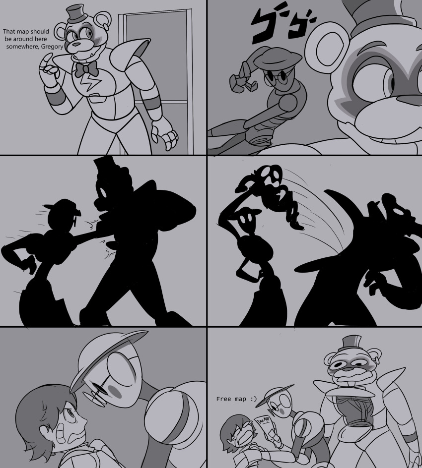 2021 absurd_res ambiguous_gender animatronic anthro bandage black_and_white bodily_fluids child clothing comic crying derp_eyes dialogue ear_piercing eye_to_eye eyewear five_nights_at_freddy's five_nights_at_freddy's:_security_breach glamrock_freddy_(fnaf) glasses gregory_(fnaf) greyscale group hat headgear headwear hi_res human machine male mammal map_bot_(fnaf) metallic_body monochrome piercing pyxlbird robot scottgames silhouette sneak_attack staredown tears text top_hat ursid video_games young