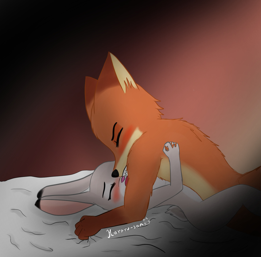 2021 anthro bed blush breasts canid canine canis canon_couple clenched_teeth digital_media_(artwork) disney duo female female_penetrated fox from_front_position furniture grabbing_sheets hi_res interspecies judy_hopps koraru-san lagomorph leporid love lying male male/female male_penetrating male_penetrating_female mammal missionary_position moan nick_wilde nude on_back on_bed open_mouth passionate passionate_sex penetration predator/prey predator_penetrating predator_penetrating_prey prey_penetrated rabbit romantic romantic_ambiance romantic_couple romantic_sex sex sex_on_bed teeth zootopia